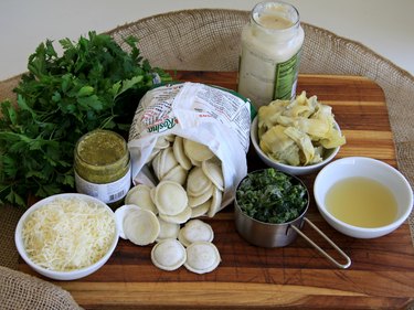 ingredients for spinach and artichoke ravioli casserole