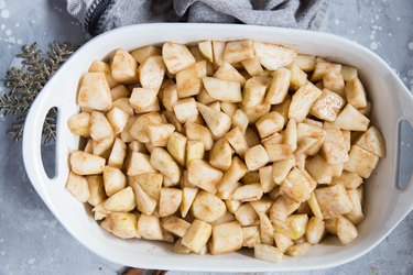 Chopped pears with spices in a casserole dish