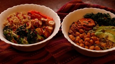 Two Buddha bowls: one with tofu broccoli and rice, another with chickpeas, avocado, quinoa, and sweet potato