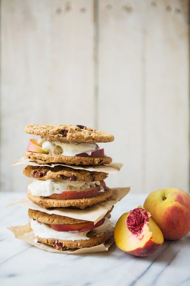 Stack of peaches and pecan bourbon ice cream sandwiches.